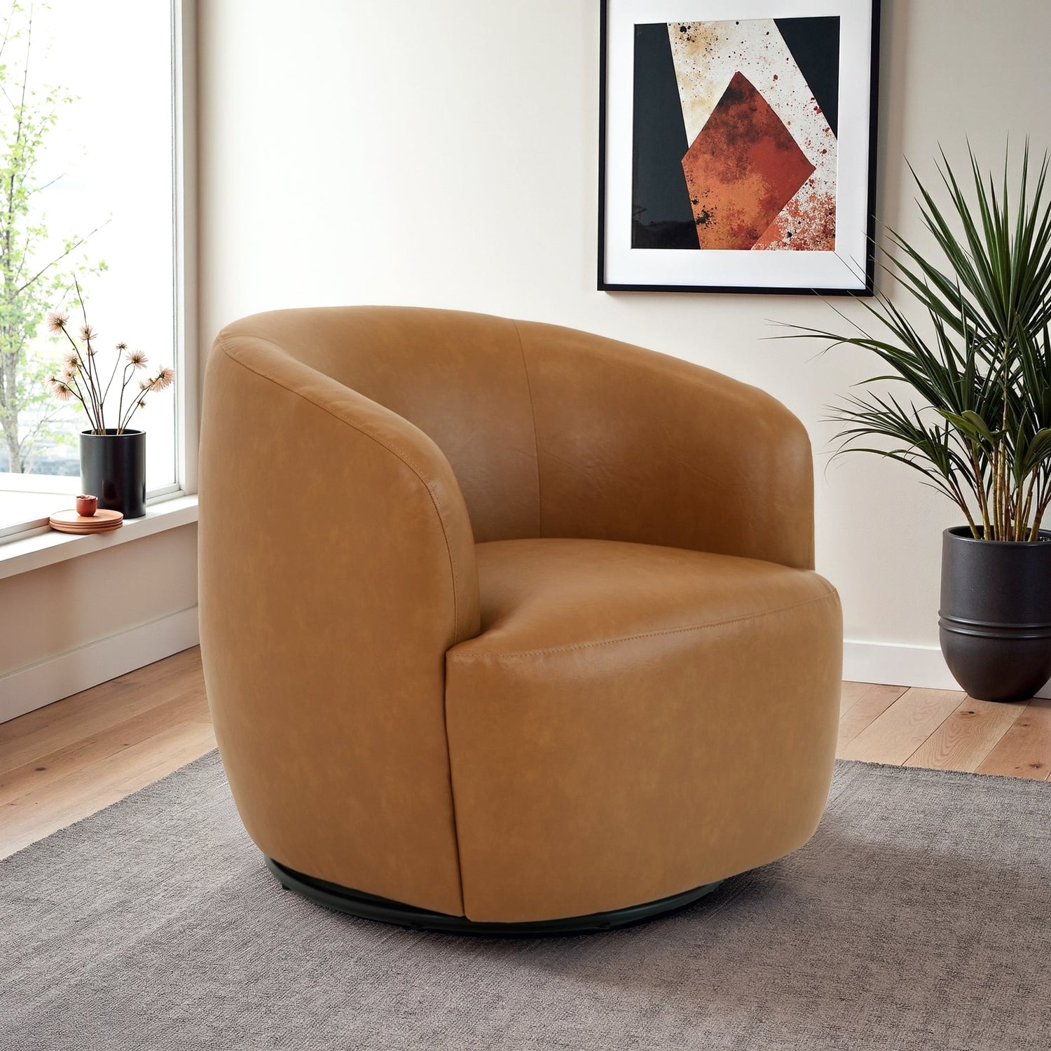 Mina 32" W Tan Vegan Leather Upholstered Swivel Barrel Chair - SCH00500711