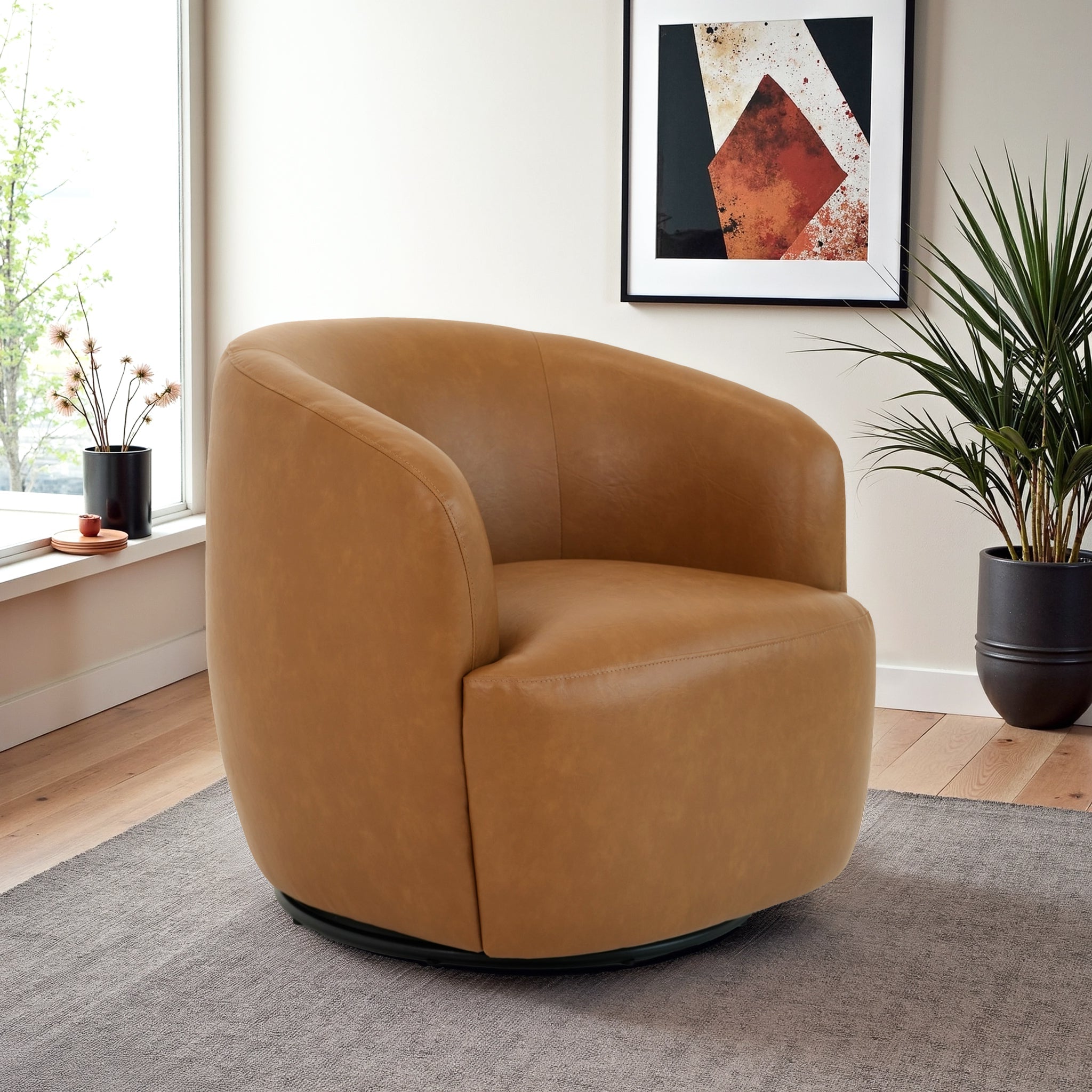 Mina 32" W Tan Vegan Leather Upholstered Swivel Barrel Chair - SCH00500711
