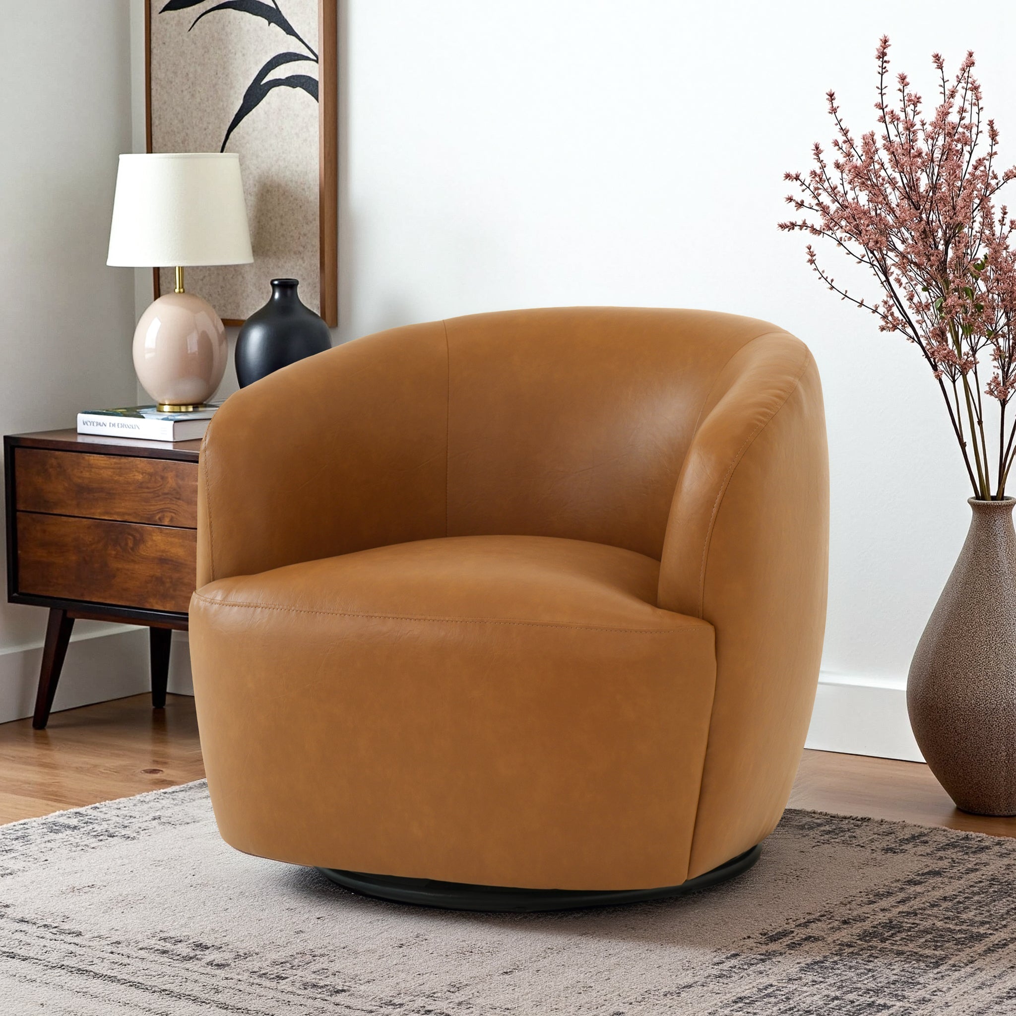 Mina 32" W Tan Vegan Leather Upholstered Swivel Barrel Chair - SCH00500711