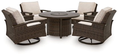 Monterey Point Outdoor Fire Pit Table and 4 Chairs in Dark Brown from Ashley - Luna Furniture
