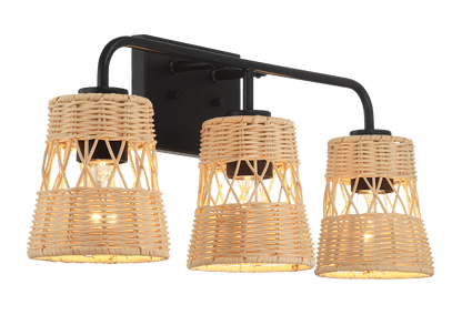 Moonlit Three Lights Wall Sconce With Rattan Shade, Bathroom Lighting Fixtures Over Mirror - WLL03900601