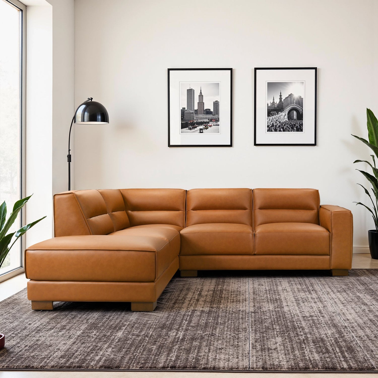 Muncie L-Shaped Sofa with Plush Cushions &amp; Walnut Wood Legs - SEC00403601