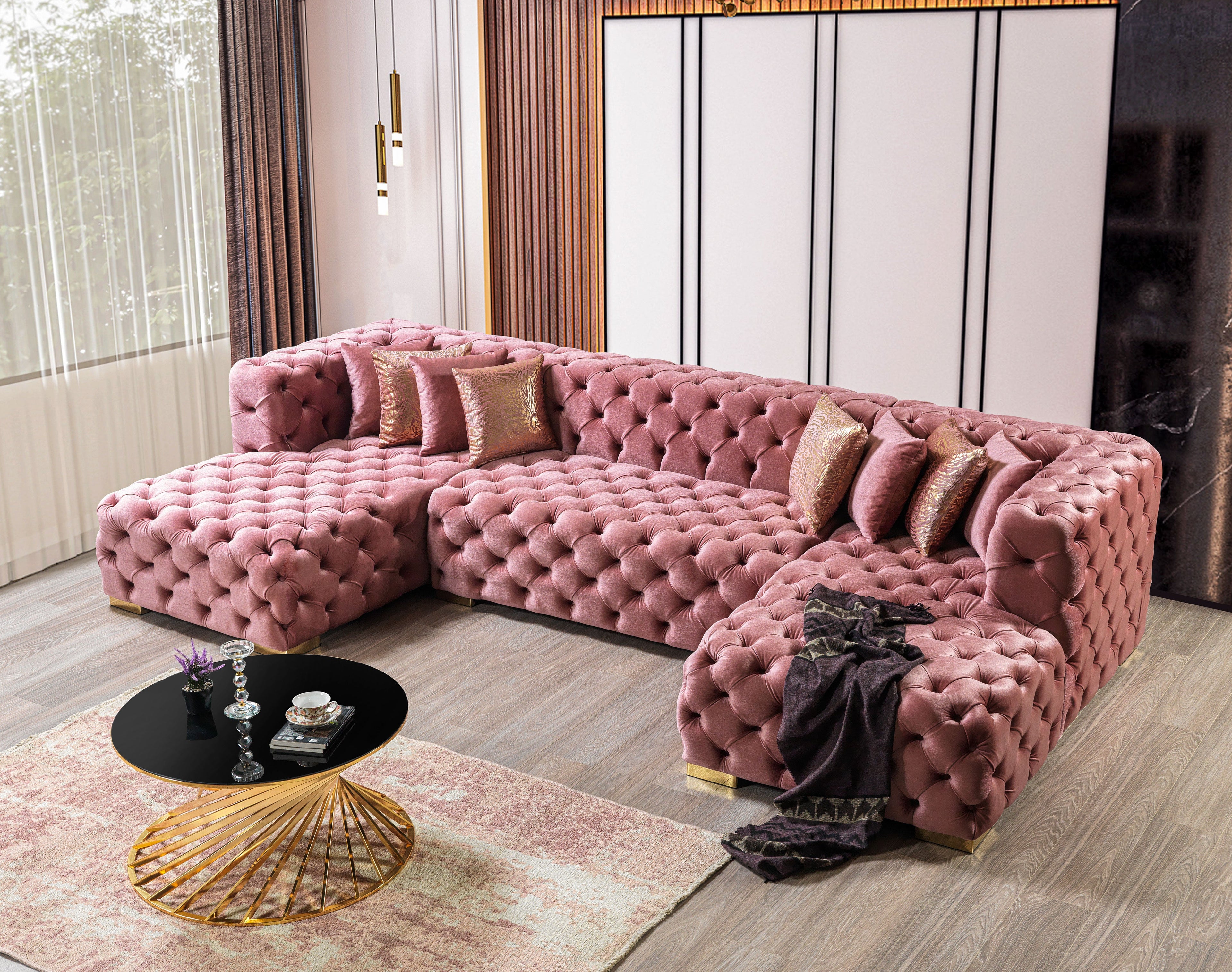 Neva Pink Velvet Double Chaise 138" Sectional - NEVAPINK-SEC