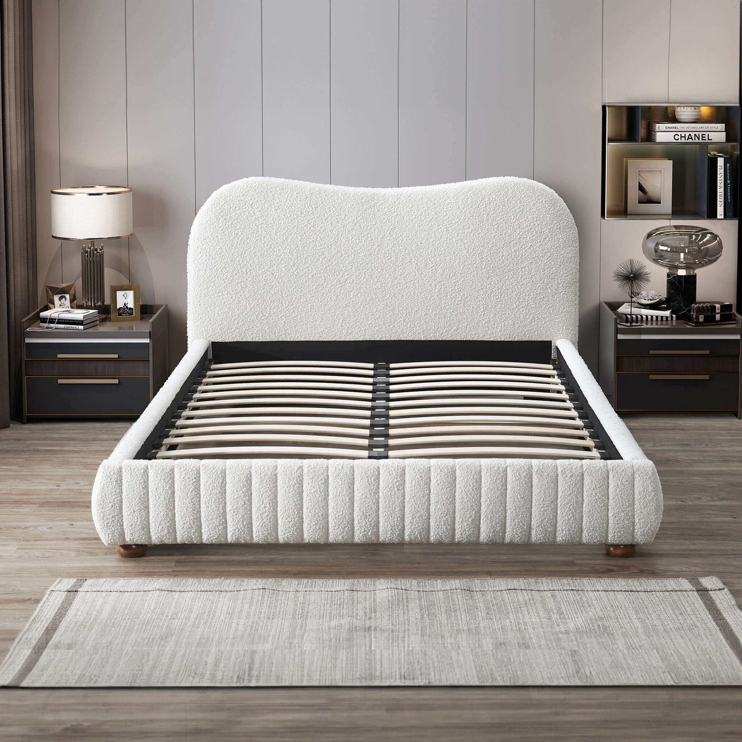 Norme Boucle Upholstered Low Profile Queen Size Platform Bed In Cream - BED00500801
