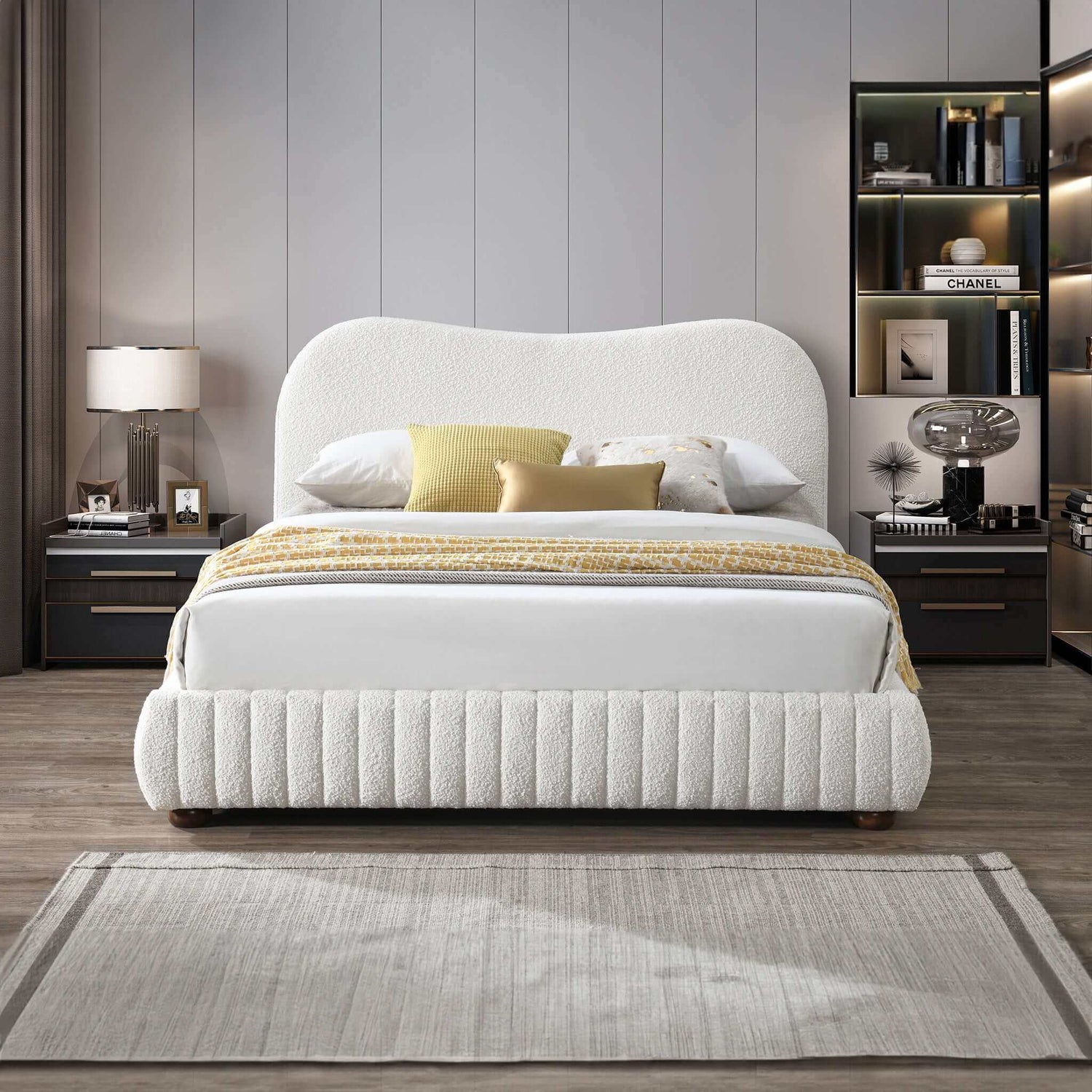 Norme Boucle Upholstered Low Profile Queen Size Platform Bed In Cream - BED00500801