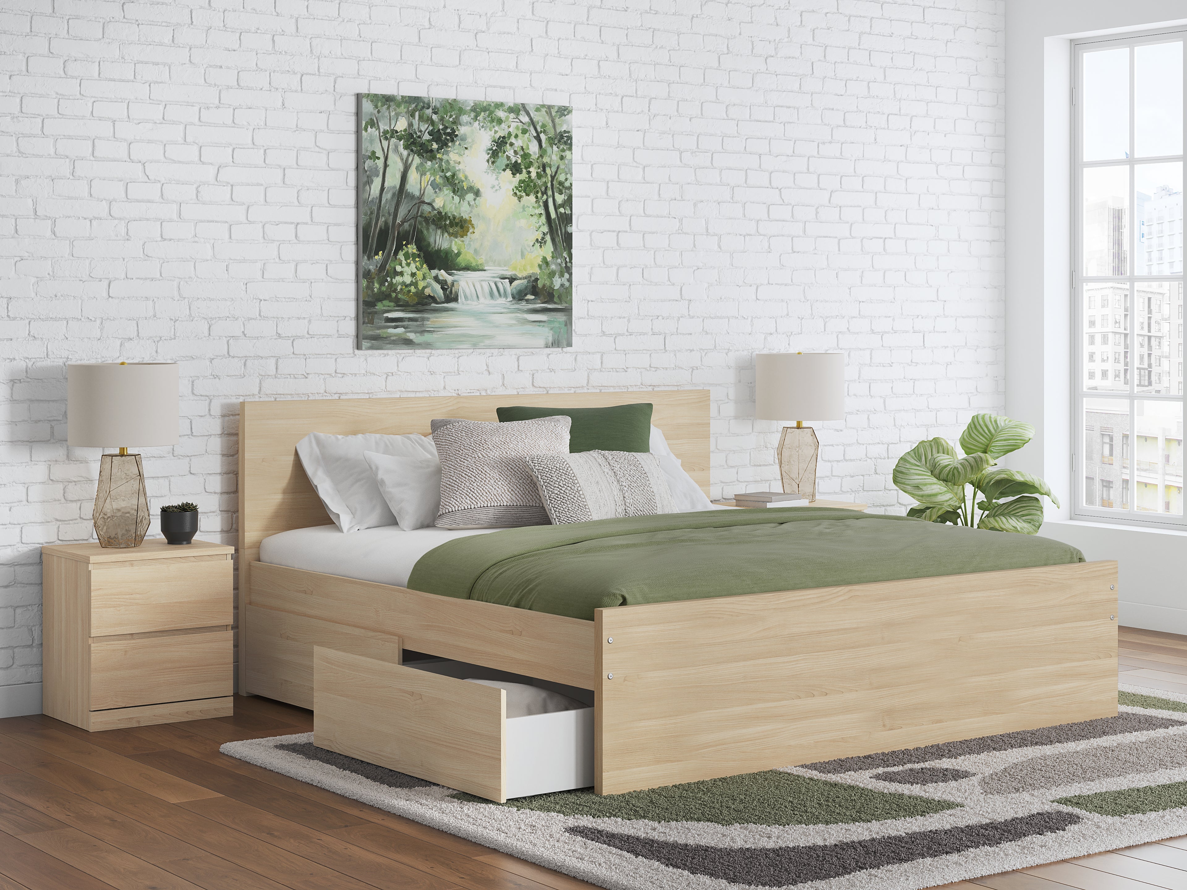 Onita Natural Queen Panel Platform Bed with 1 Side Storage - EB9632B12