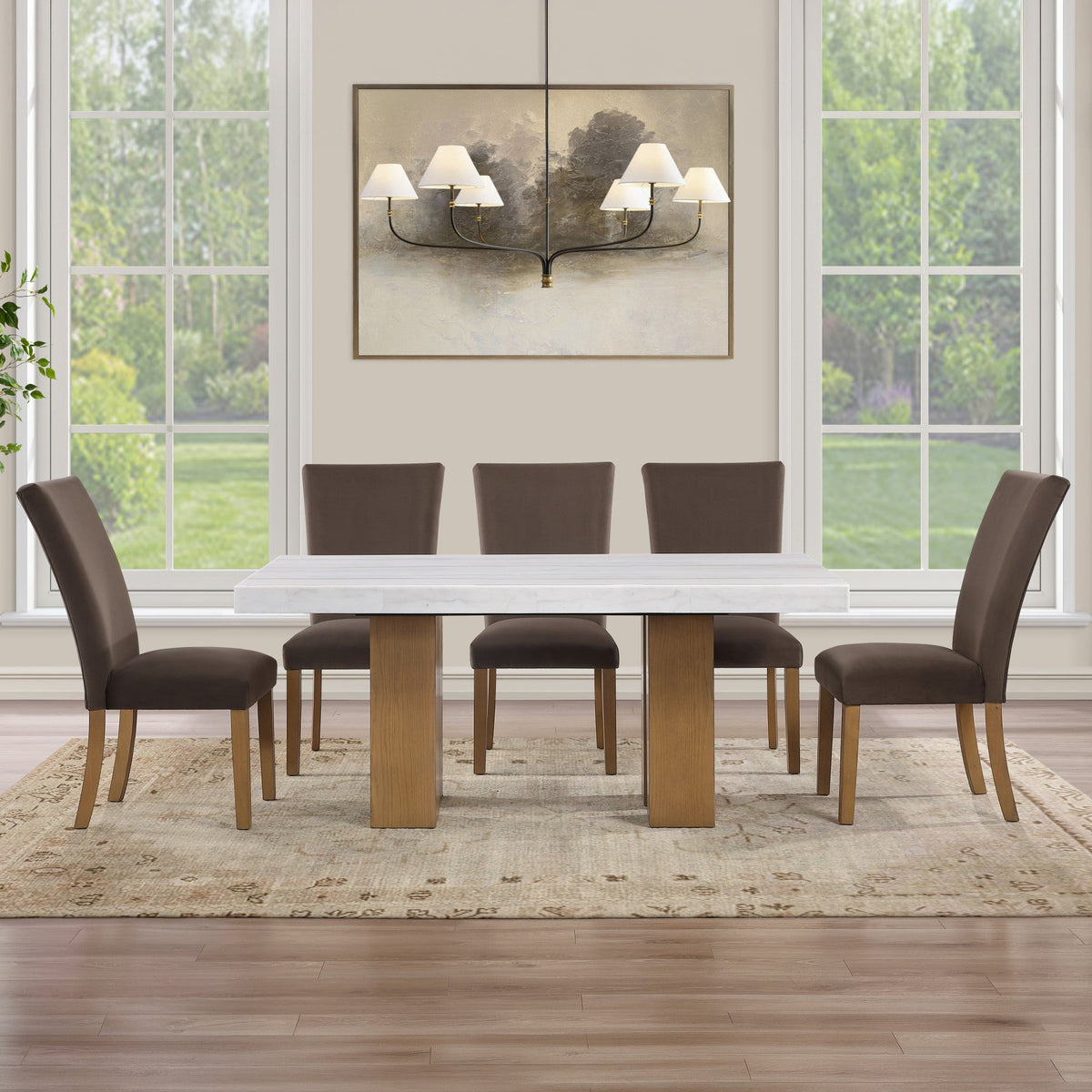 Artemis White/Brown 7-Piece Marble Dining Set with 6 Velvet Chairs