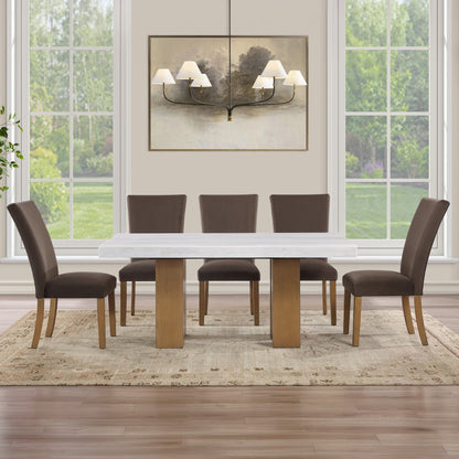 Artemis White/Brown 7-Piece Marble Dining Set with 6 Velvet Chairs