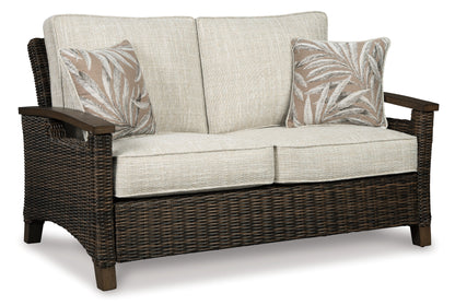Paradise Trail Outdoor Loveseat and 2 Lounge Chairs with Fire Pit Table in Medium Brown - PKG012912