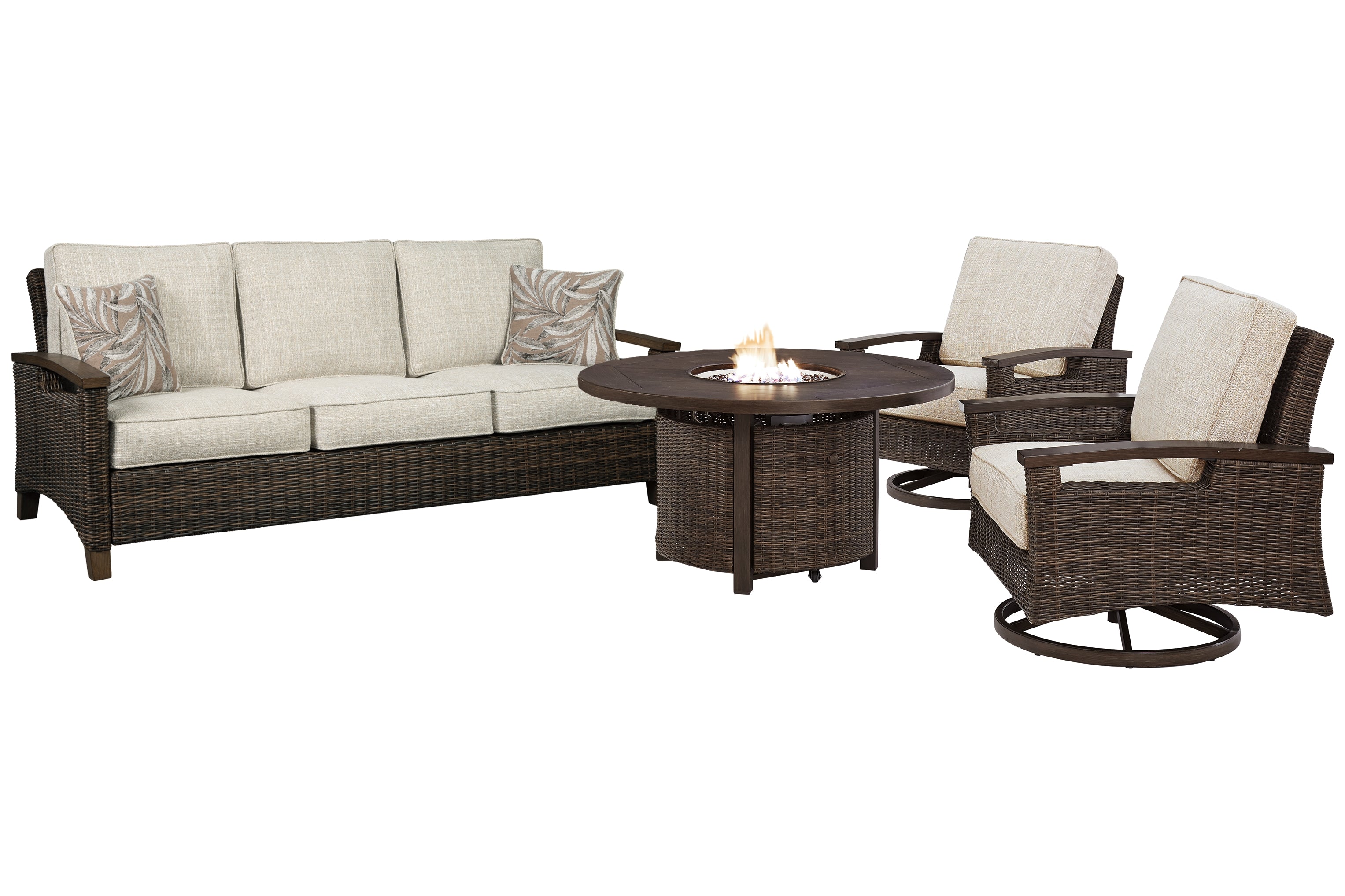 Paradise Trail Outdoor Sofa and 2 Lounge Chairs with Fire Pit Table in Medium Brown - PKG012911