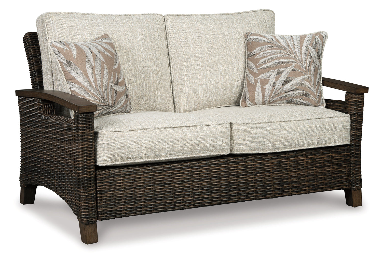 Paradise Trail Outdoor Sofa and Loveseat with Fire Pit Table in Medium Brown - PKG014561