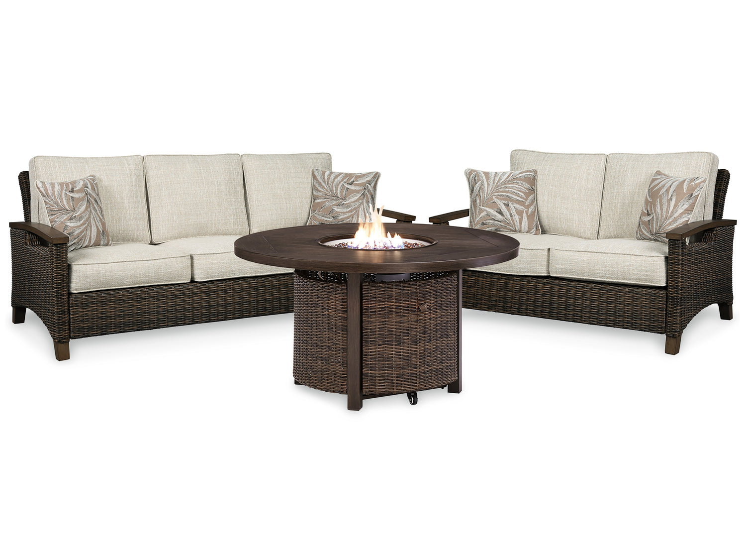 Paradise Trail Outdoor Sofa and Loveseat with Fire Pit Table in Medium Brown - PKG014561
