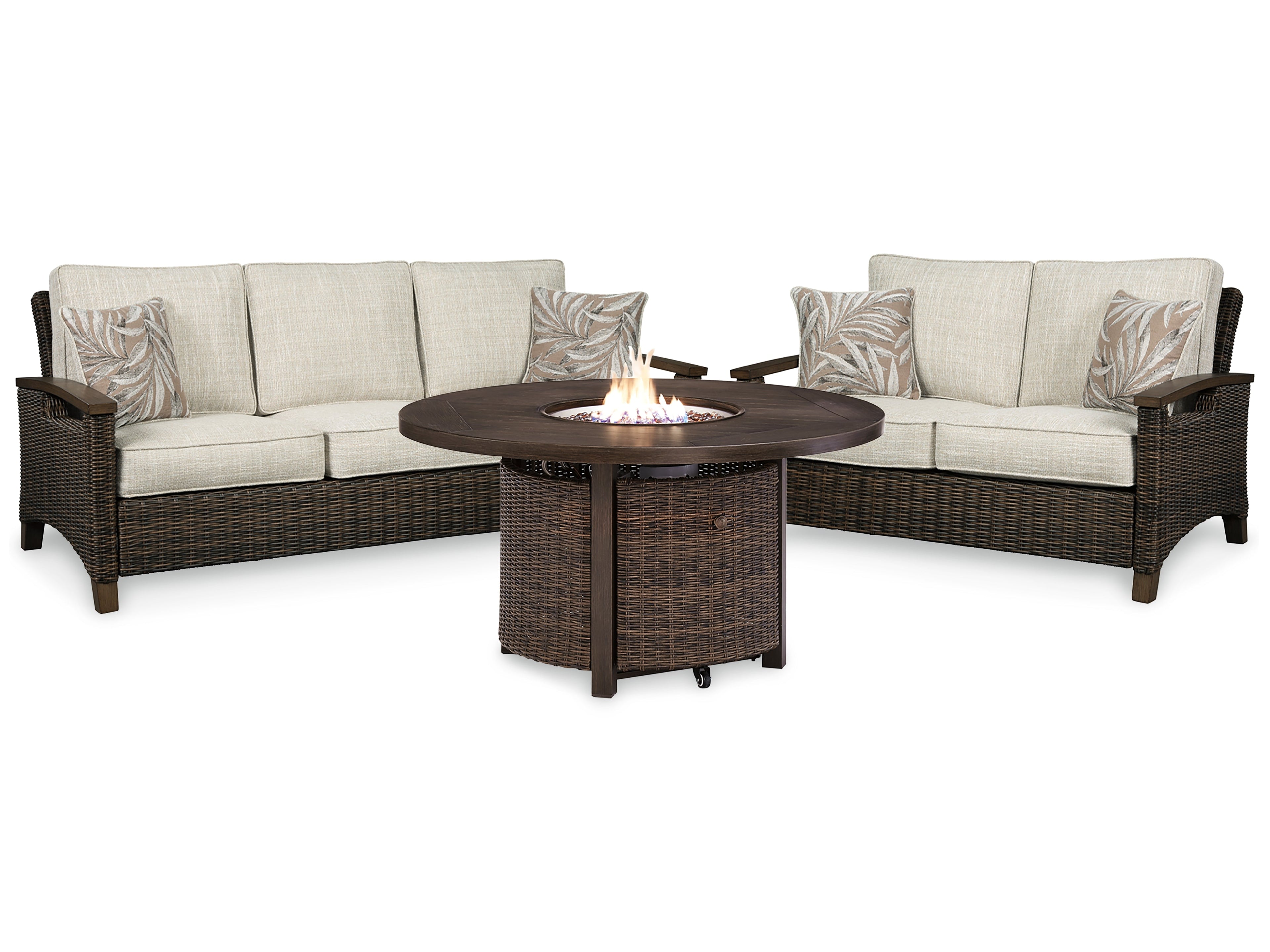 Paradise Trail Outdoor Sofa and Loveseat with Fire Pit Table in Medium Brown - PKG014561