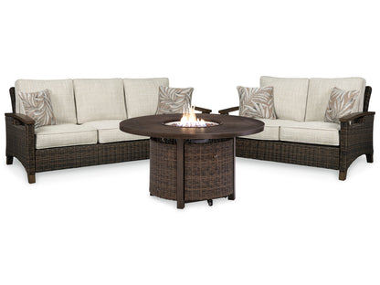 Paradise Trail Outdoor Sofa and Loveseat with Fire Pit Table in Medium Brown - PKG014561