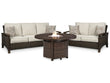 Paradise Trail Outdoor Sofa and Loveseat with Fire Pit Table in Medium Brown - PKG014561