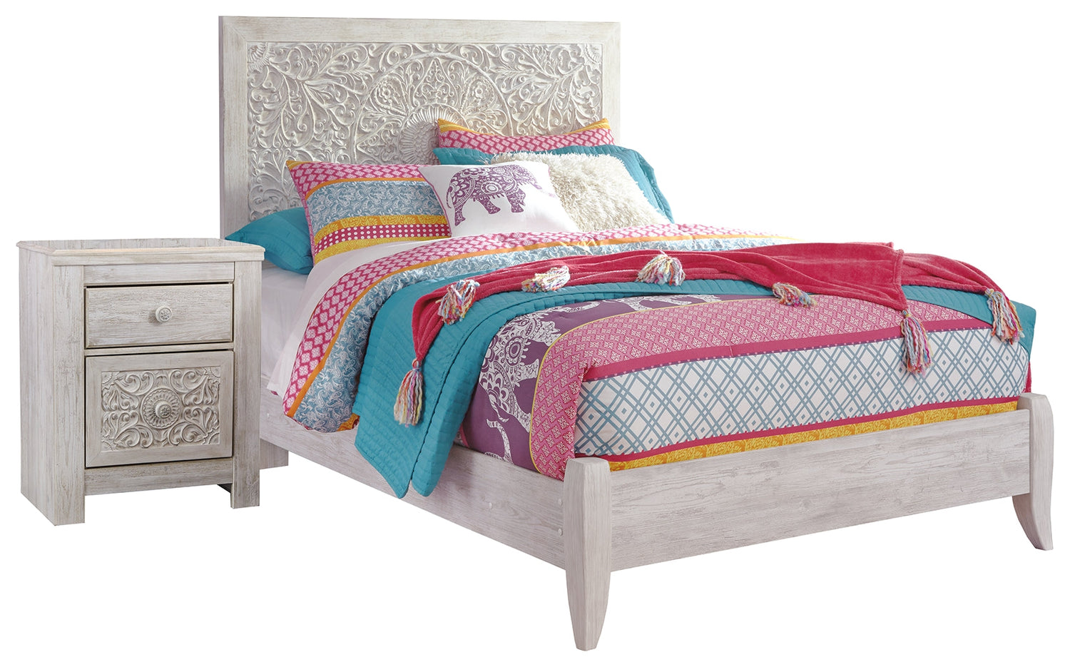 Paxberry Full Panel Bed with Nightstand in Whitewash - PKG007713