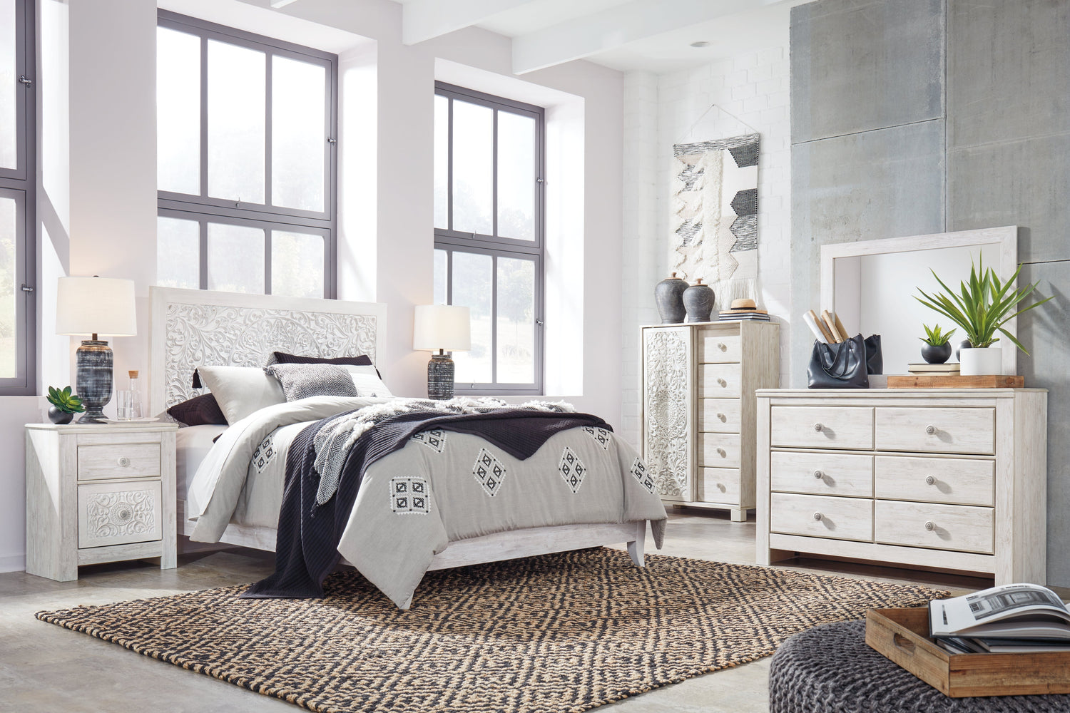 Paxberry Queen Panel Bed with Dresser in Whitewash from Ashley - Luna Furniture