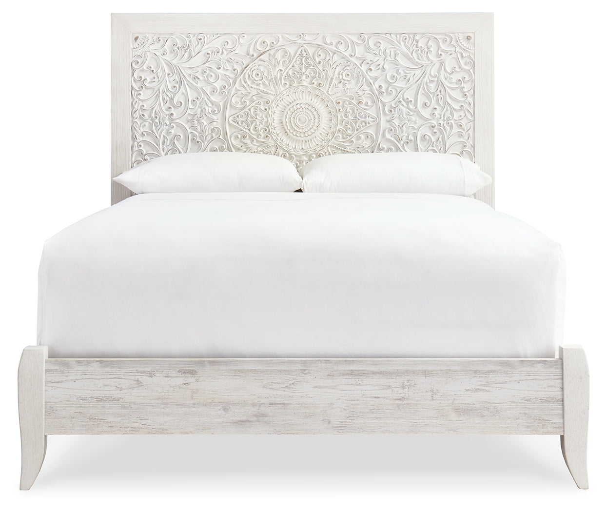 Paxberry Queen Panel Bed with Mirrored Dresser and 2 Nightstands in Whitewash from Ashley - Luna Furniture