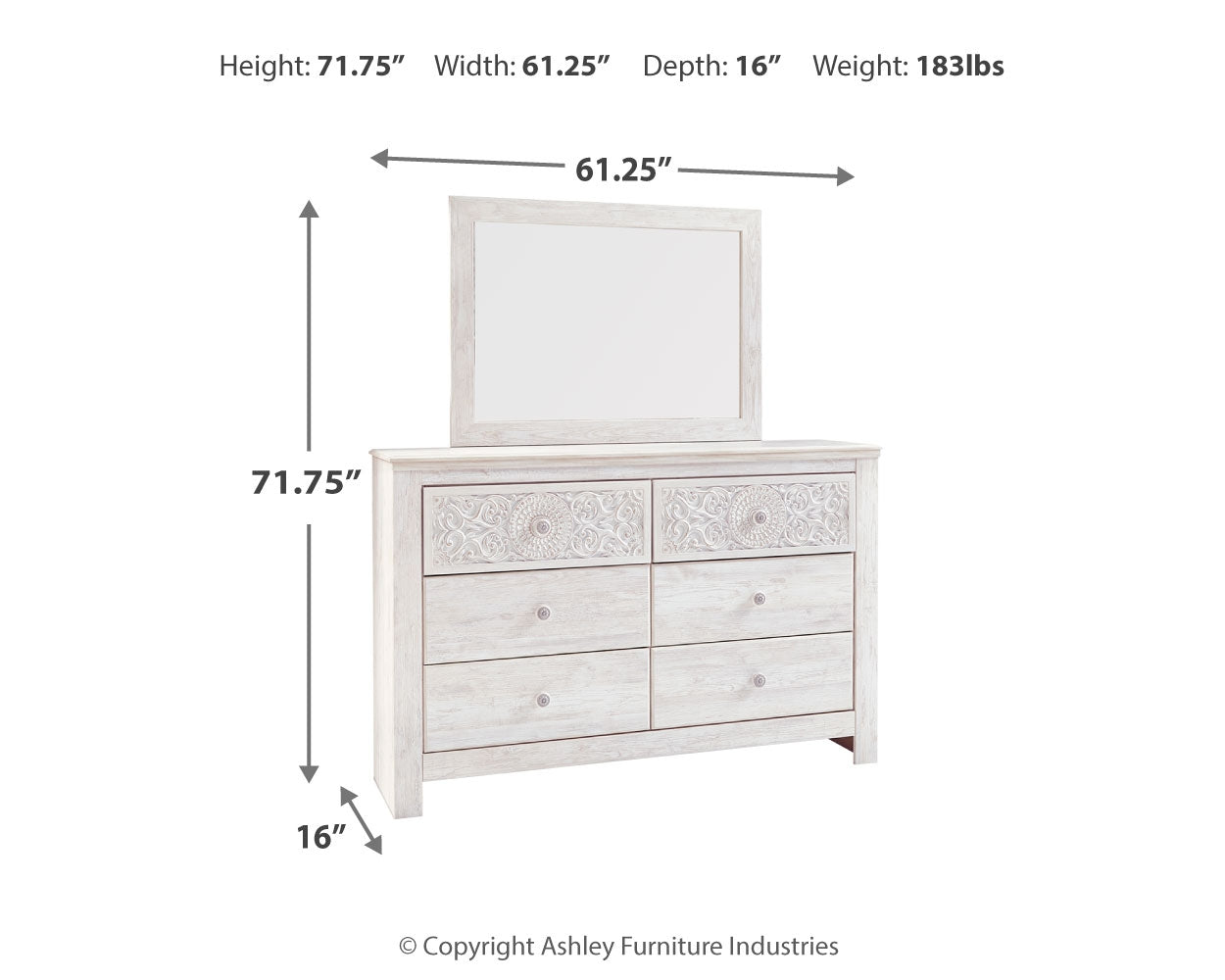 Paxberry Queen Panel Bed with Mirrored Dresser, Chest and 2 Nightstands in Whitewash from Ashley - Luna Furniture