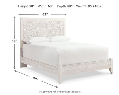 Paxberry Queen Panel Bed with Mirrored Dresser, Chest and 2 Nightstands in Whitewash from Ashley - Luna Furniture