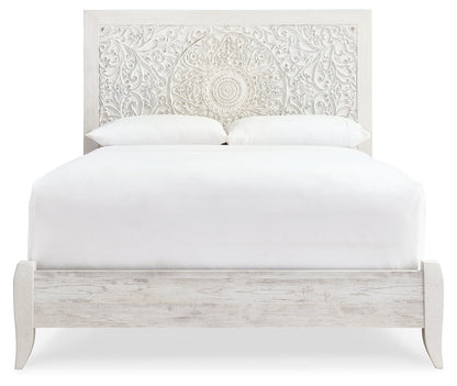 Paxberry Queen Panel Bed with Mirrored Dresser, Chest and Nightstand in Whitewash - PKG007432