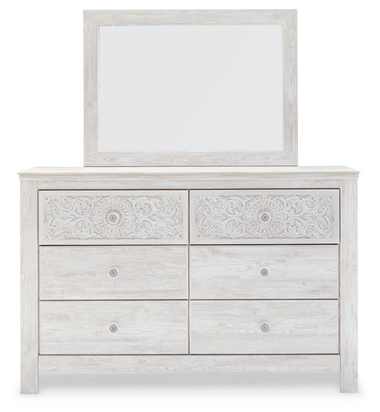 Paxberry Queen Panel Bed with Mirrored Dresser in Whitewash from Ashley - Luna Furniture
