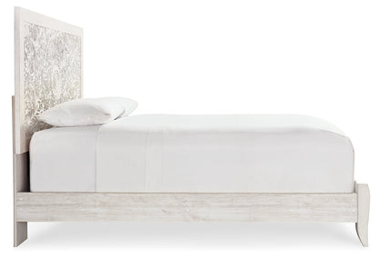 Paxberry Queen Panel Bed with Mirrored Dresser in Whitewash from Ashley - Luna Furniture
