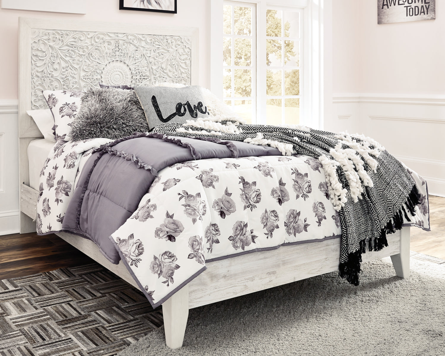 Paxberry Whitewash Full Panel Bed, Dresser and Nightstand - B181B23