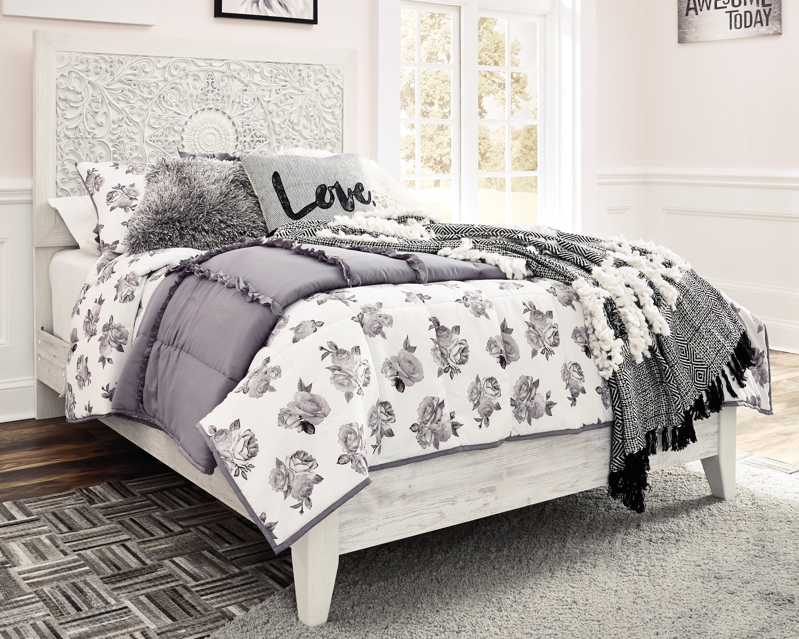 Paxberry Whitewash Full Panel Bed, Dresser and Nightstand - B181B23