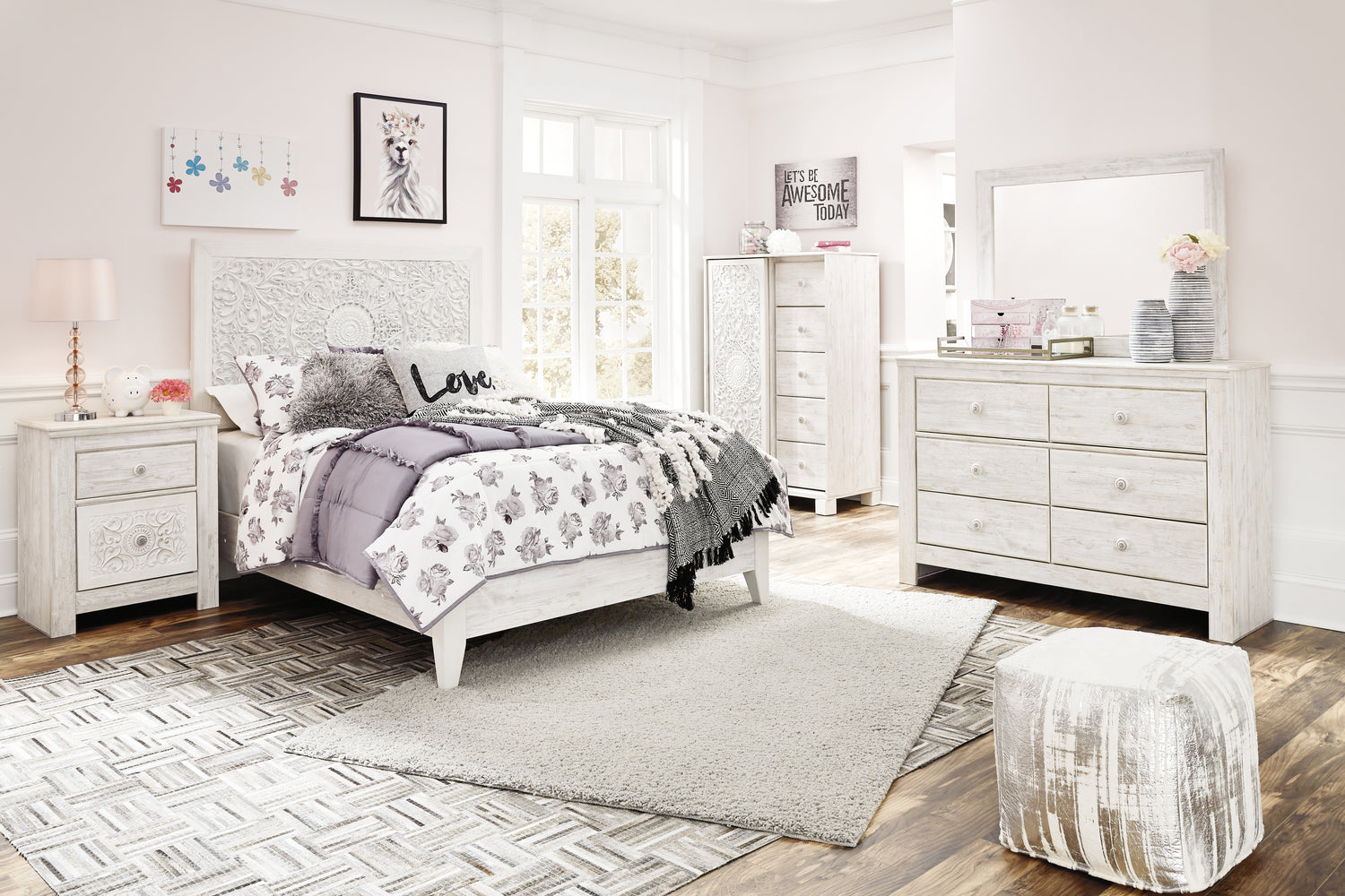 Paxberry Whitewash Full Panel Bed, Dresser, Mirror and Chest - B181B17