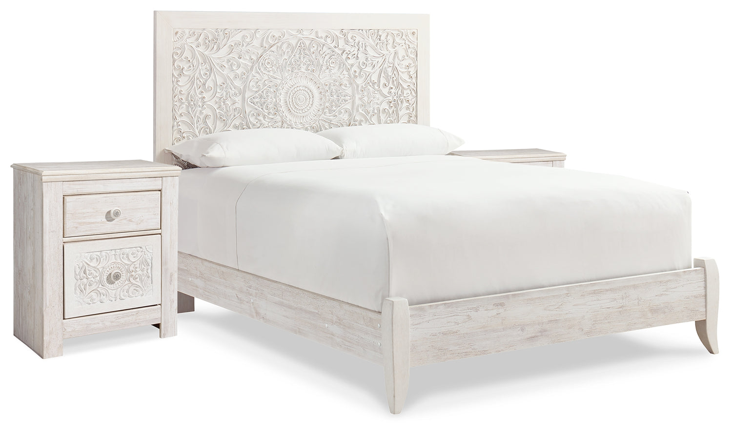 Paxberry Whitewash Queen Panel Bed and 2 Nightstands - B181B30