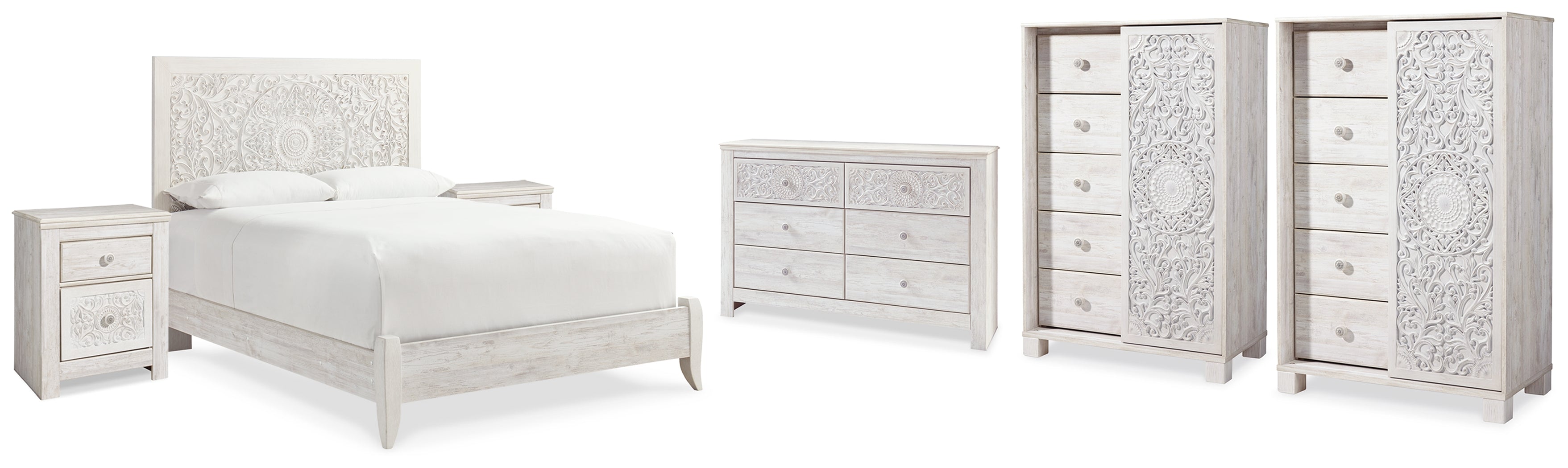 Paxberry Whitewash Queen Panel Bed, Dresser, 2 Chests and 2 Nightstands - B181B31