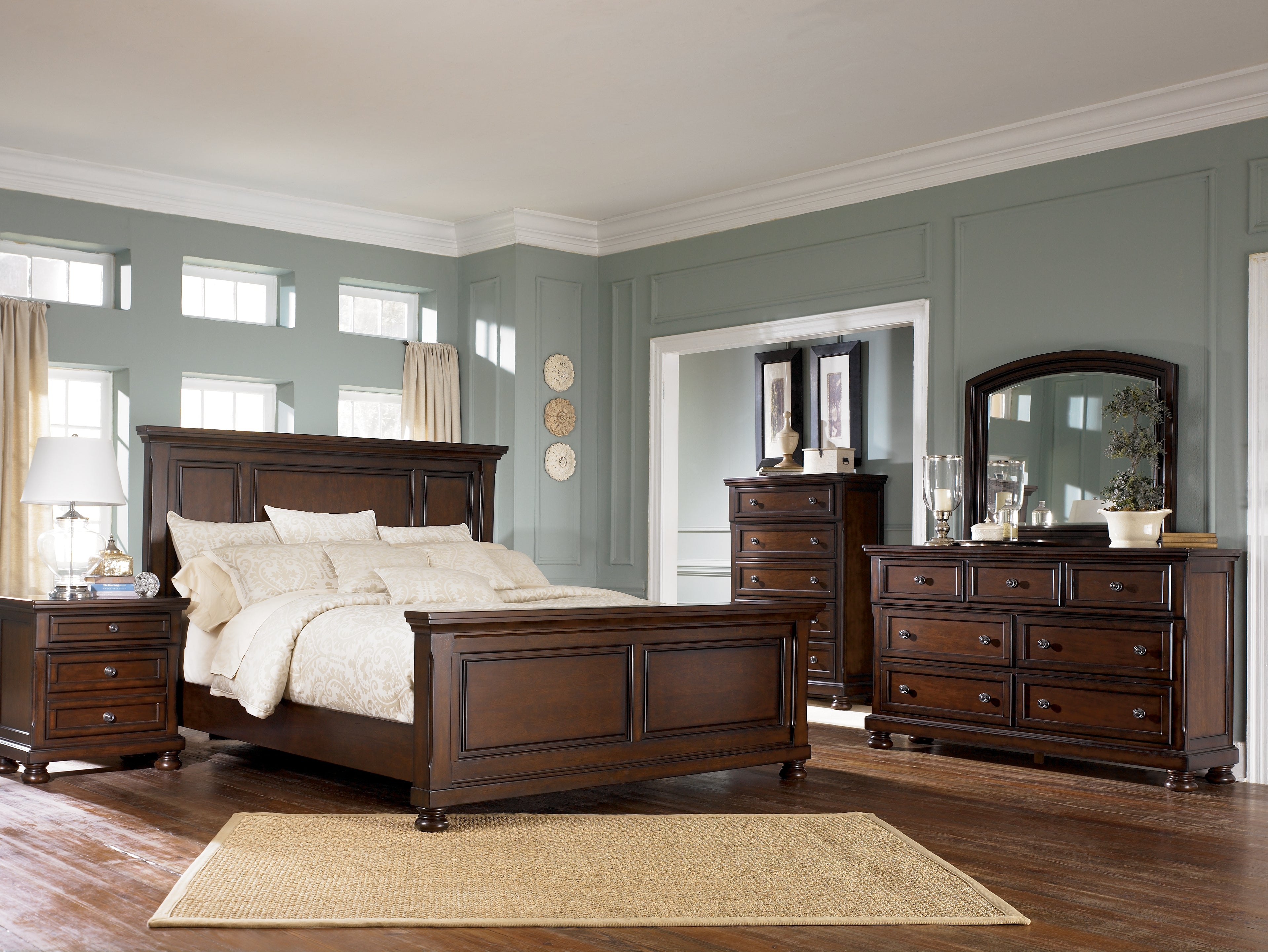 Porter King Panel Bed with Mirrored Dresser, Chest and 2 Nightstands in Rustic Brown from Ashley - Luna Furniture