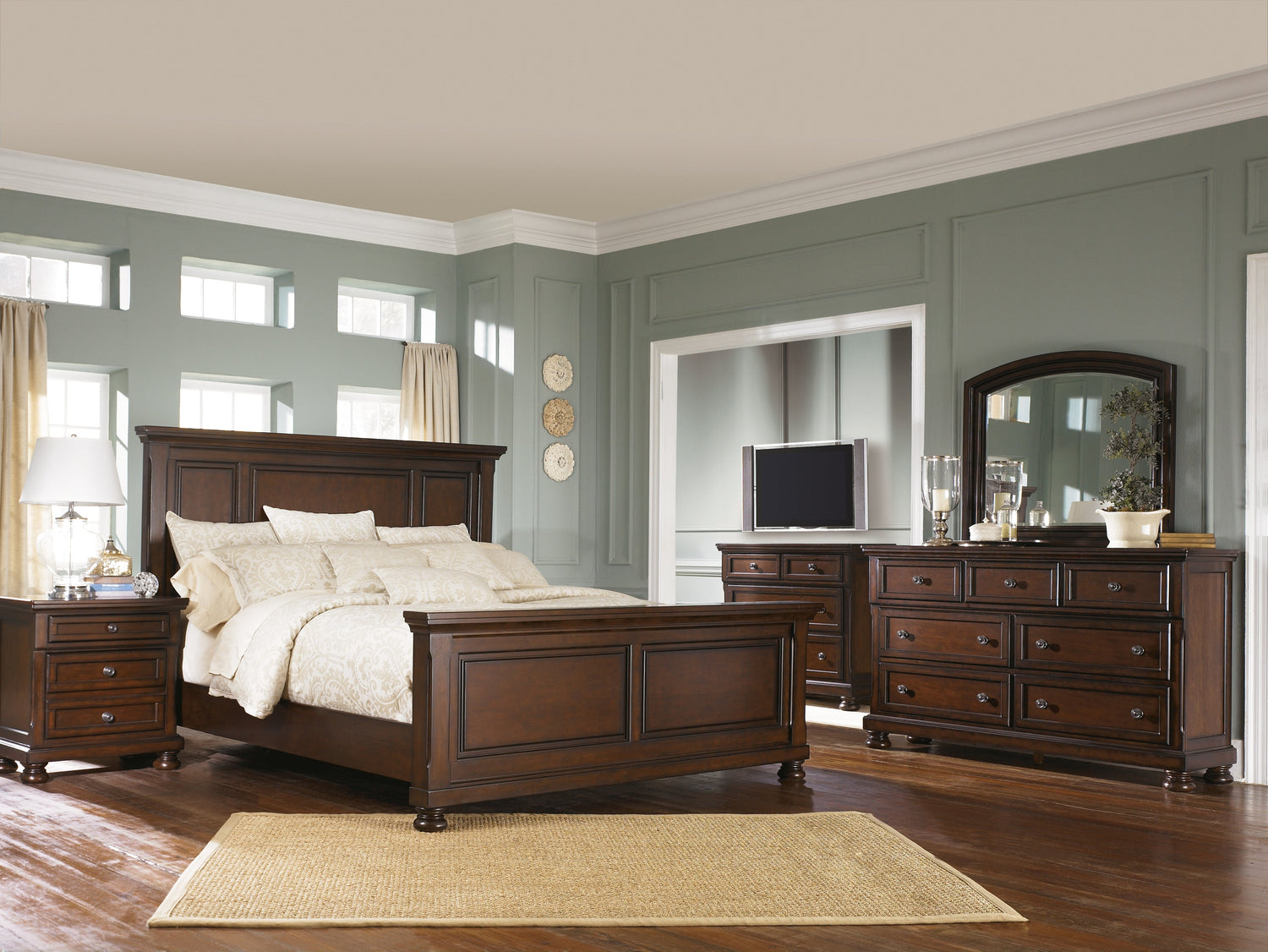 Porter Queen Panel Bed with Mirrored Dresser in Rustic Brown - PKG000520
