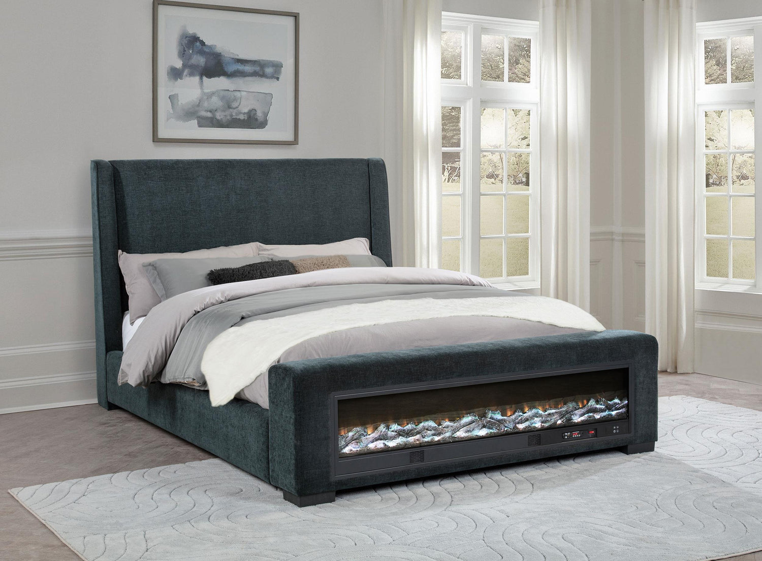 Preston Upholstered California King Audio Fireplace Bed Blue - 305821KW