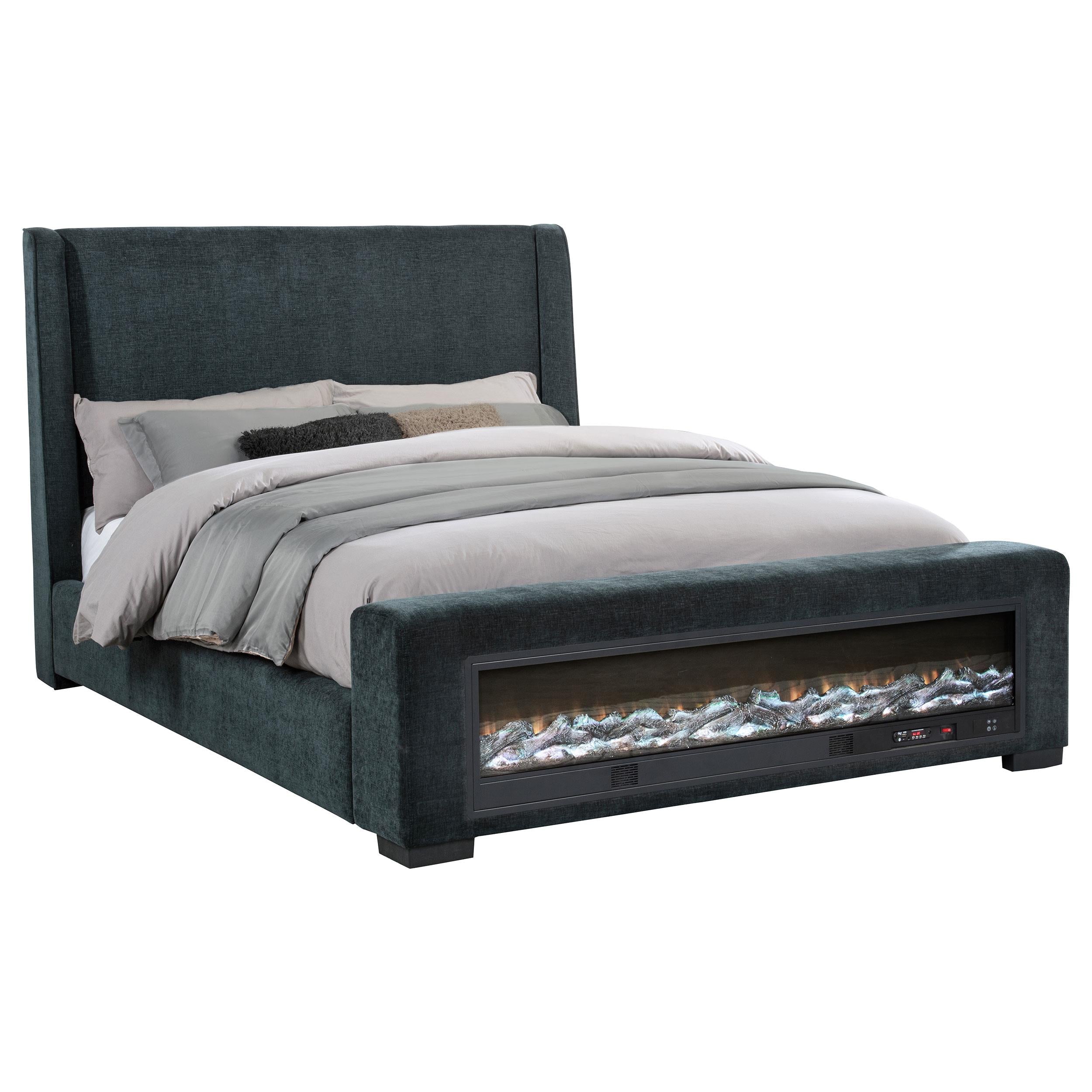 Preston Upholstered Eastern King Audio Fireplace Bed Blue - 305821KE