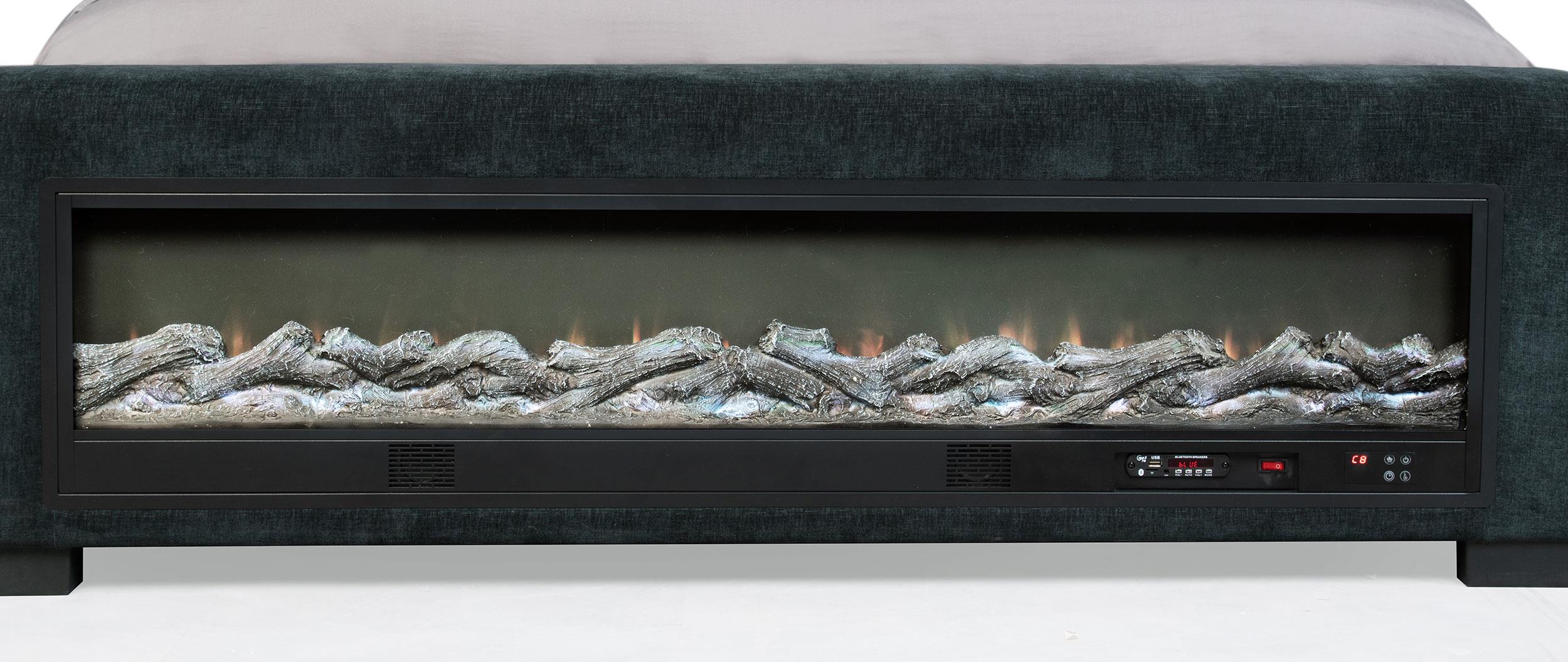 Preston Upholstered Eastern King Audio Fireplace Bed Blue - 305821KE