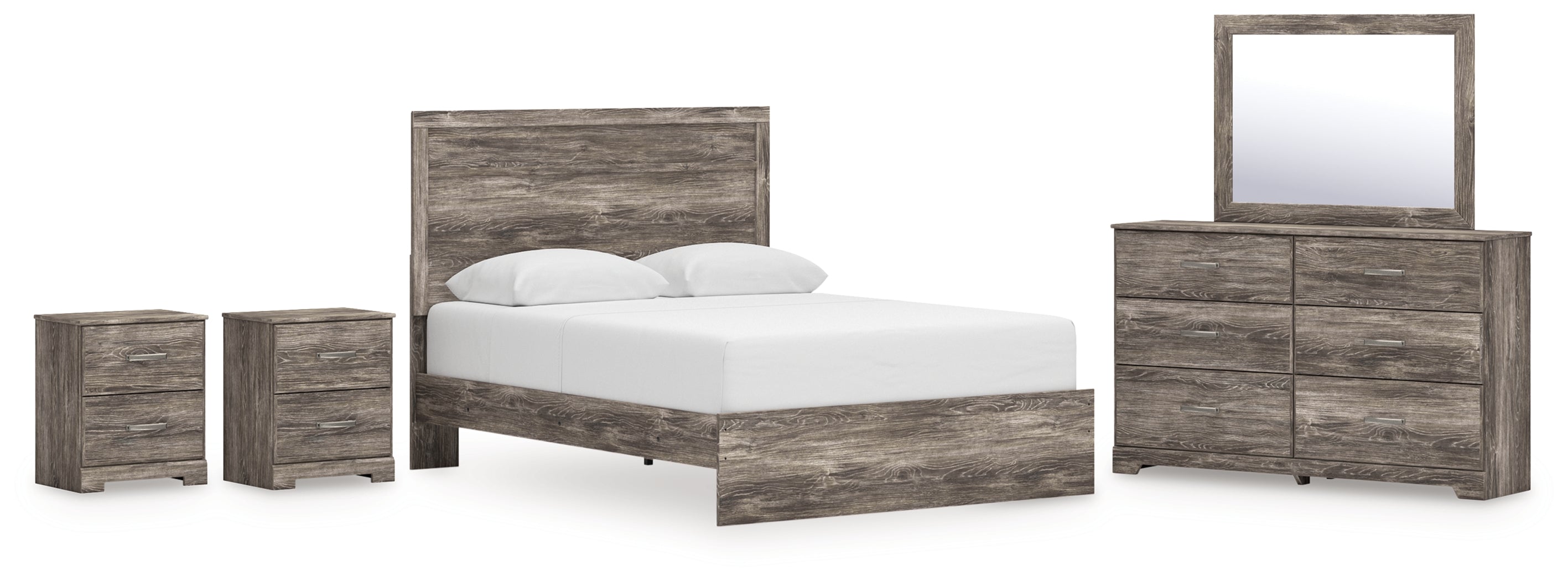 Ralinksi Queen Panel Bed with Mirrored Dresser and 2 Nightstands in Gray from Ashley - Luna Furniture