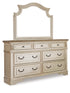 Realyn Chipped White California King Upholstered Bed, Dresser, Mirror and Chest - B743B25
