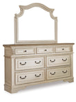 Realyn Chipped White California King Upholstered Bed, Dresser, Mirror and Chest - B743B25