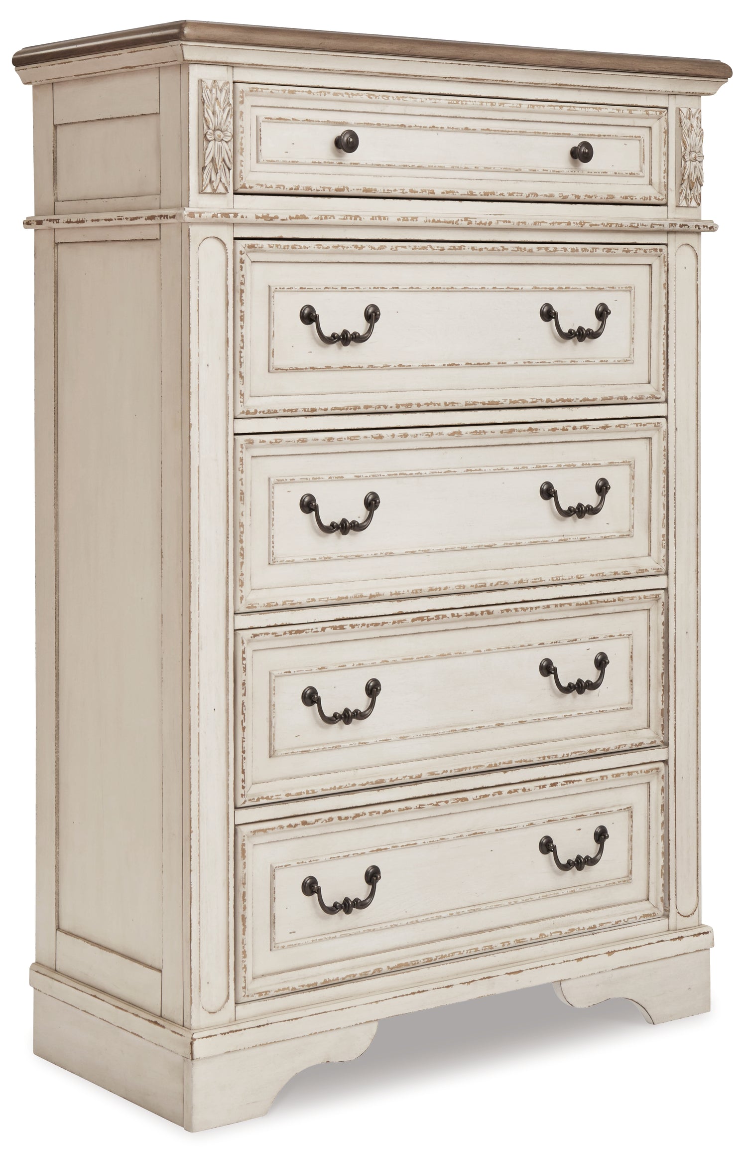 Realyn Chipped White California King Upholstered Bed, Dresser, Mirror and Chest - B743B25
