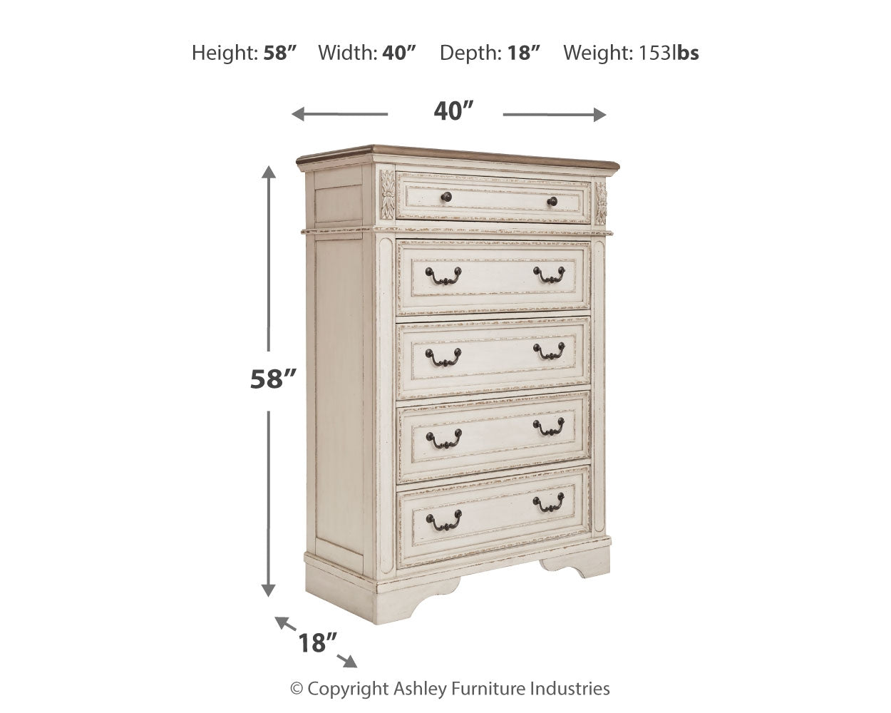 Realyn Chipped White California King Upholstered Bed, Dresser, Mirror and Chest - B743B25