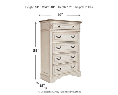 Realyn Chipped White California King Upholstered Bed, Dresser, Mirror and Chest - B743B25