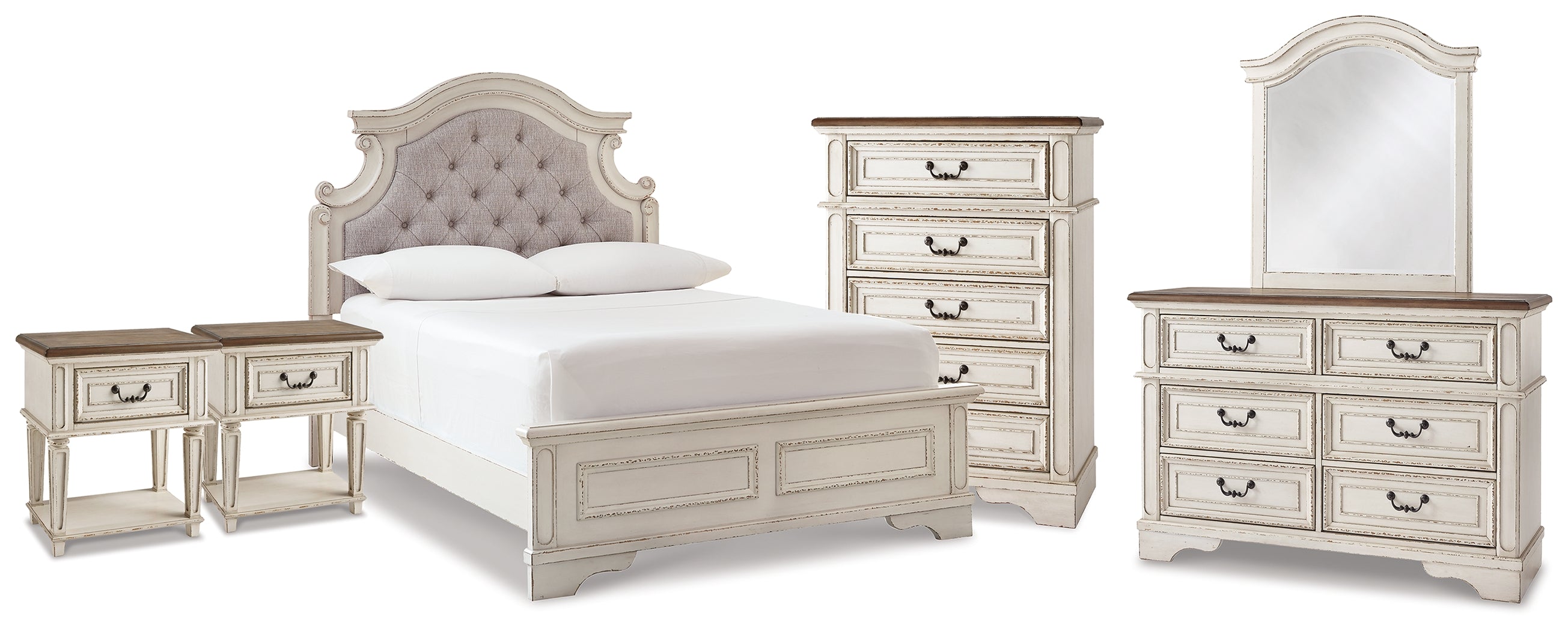 Realyn Full Upholstered Panel Bed, Dresser, Mirror, Chest and 2 Nightstands - B743B77