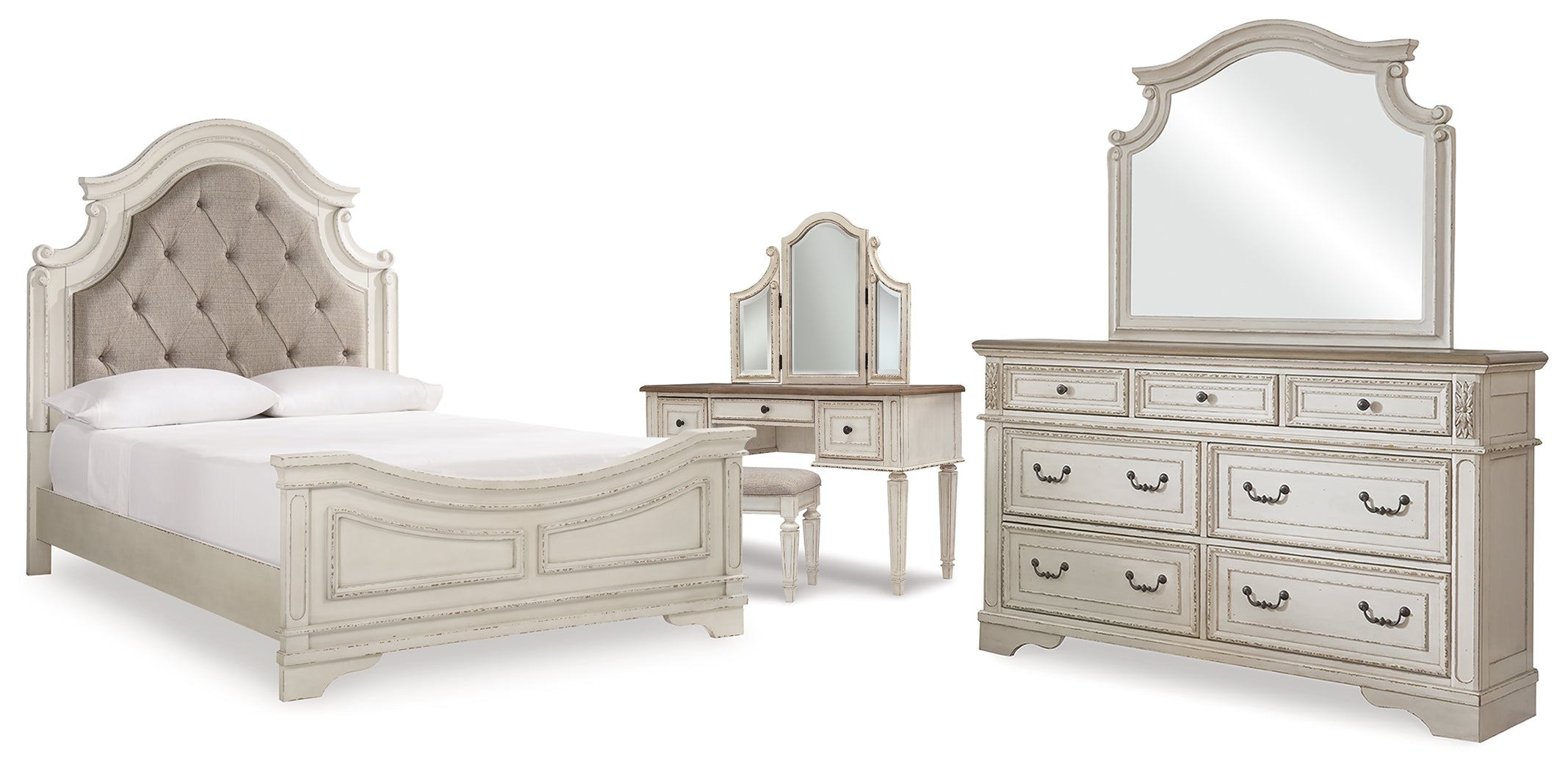 Realyn Queen Panel Bed, Dresser, Mirror and Vanity - B743B86