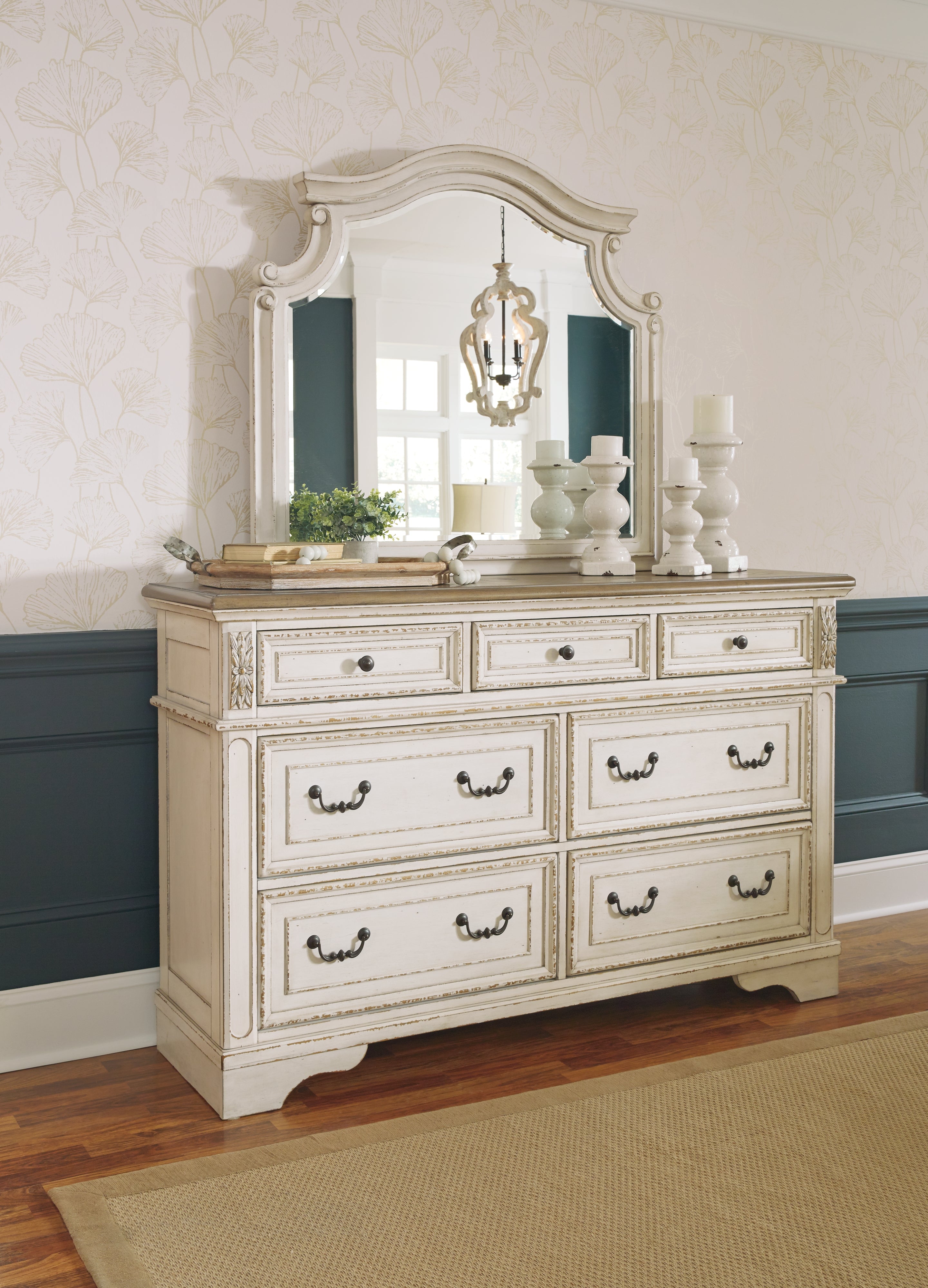 Realyn Queen Upholstered Panel Bed with Mirrored Dresser and 2 Nightstands in Chipped White - PKG007889