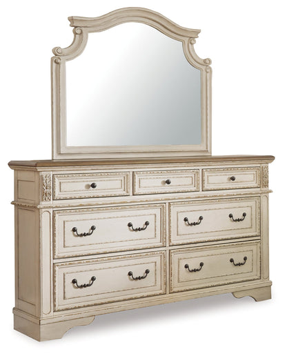 Realyn Queen Upholstered Panel Bed with Mirrored Dresser and 2 Nightstands in Chipped White - PKG007889