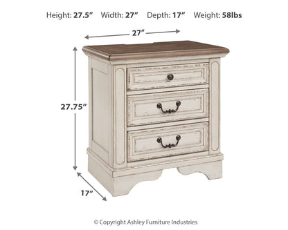 Realyn Queen Upholstered Panel Bed with Mirrored Dresser and 2 Nightstands in Chipped White - PKG007889