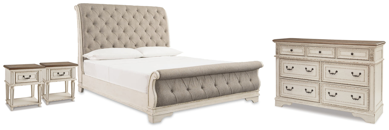 Realyn Queen Upholstered Sleigh Bed, Dresser and 2 Nightstands - B743B84