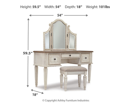 Realyn Two-tone Full Panel Bed, Dresser, Mirror, 3-Piece Vanity and Nightstand - B743B27